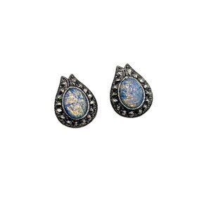 Vintage Earrings Opaline Art Glass Cabochon Studs with Ornate Silver Setting